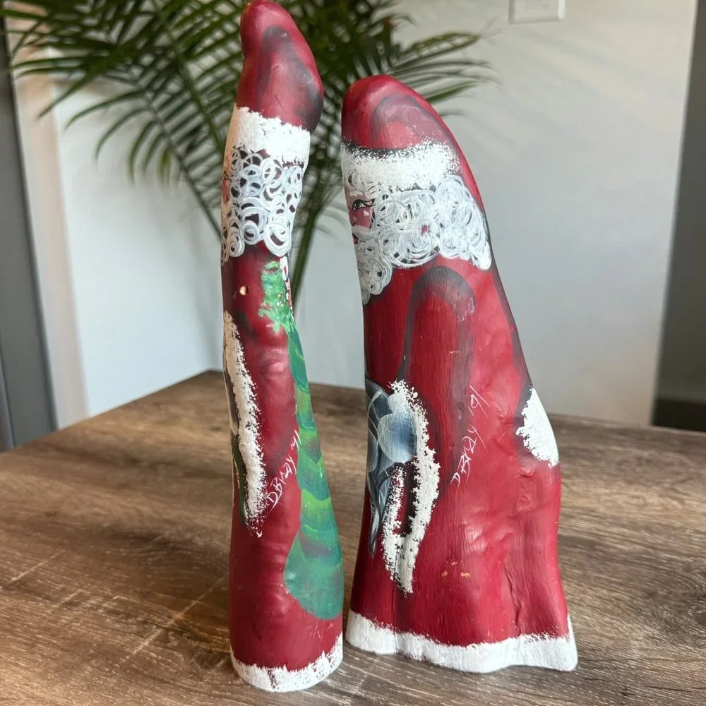 Set of 2, Vintage 1991 Signed D.Bray Large Hand Painted Wood Santa Figures. One